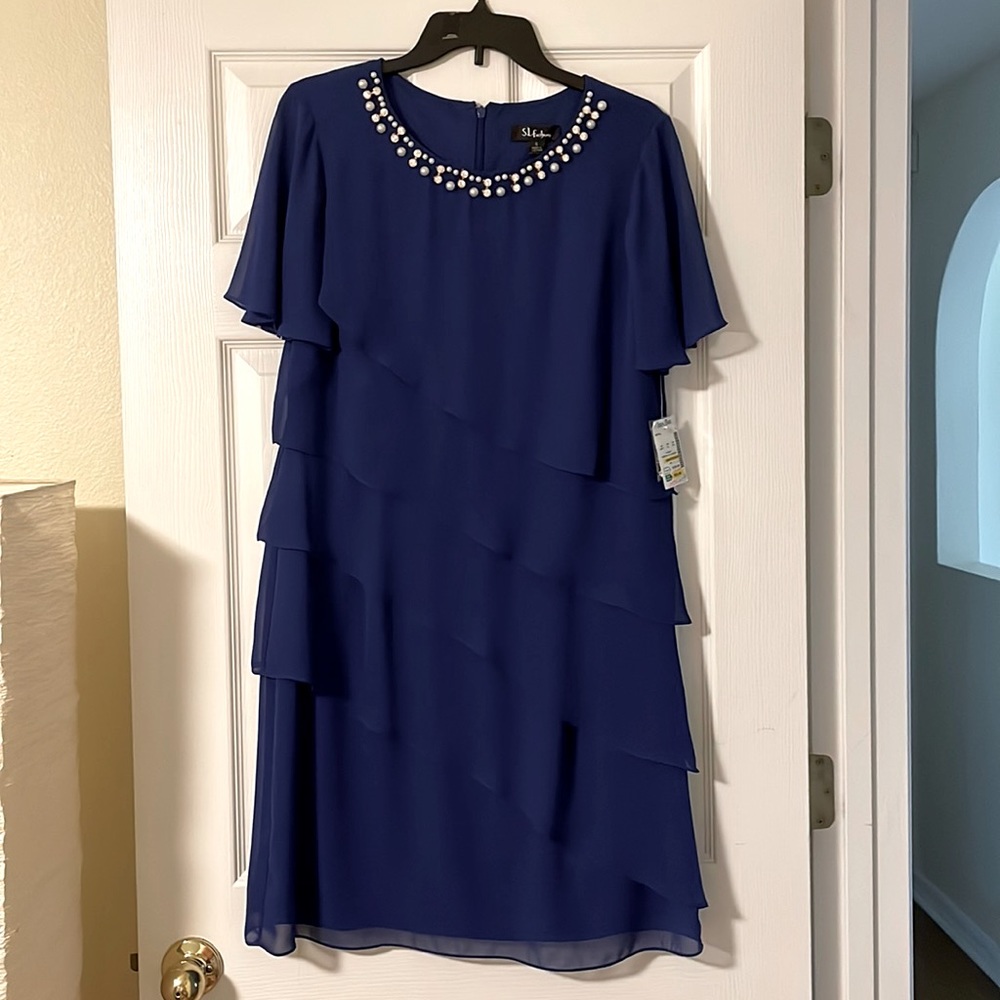 Dark Blue Tier dress with Neckline Beading